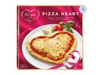 Frozen heart-shaped pizza with tomato sauce and mozzarella, 300g, on a pink background.