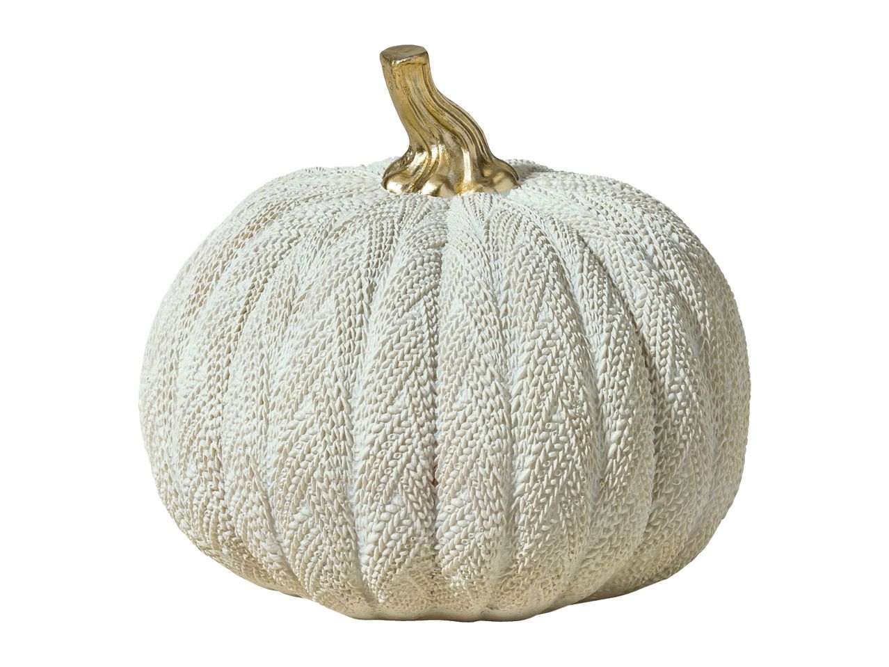 White decorative pumpkin with a gold stem, featuring a textured, woven pattern.