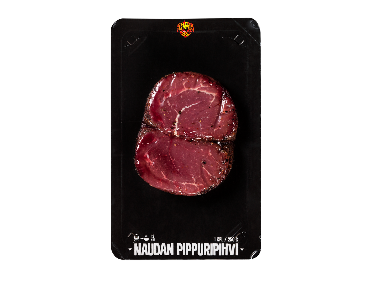 Tyhjiöpakattu naudan pippuripihvi mustalla alustalla, jossa on grillikuvake ja tekstiä.