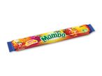 Frugtige tyggekarameller med smag af hindbær, appelsin, jordbær og citron, med teksten 'SMOOTH CHEWY FUN!'