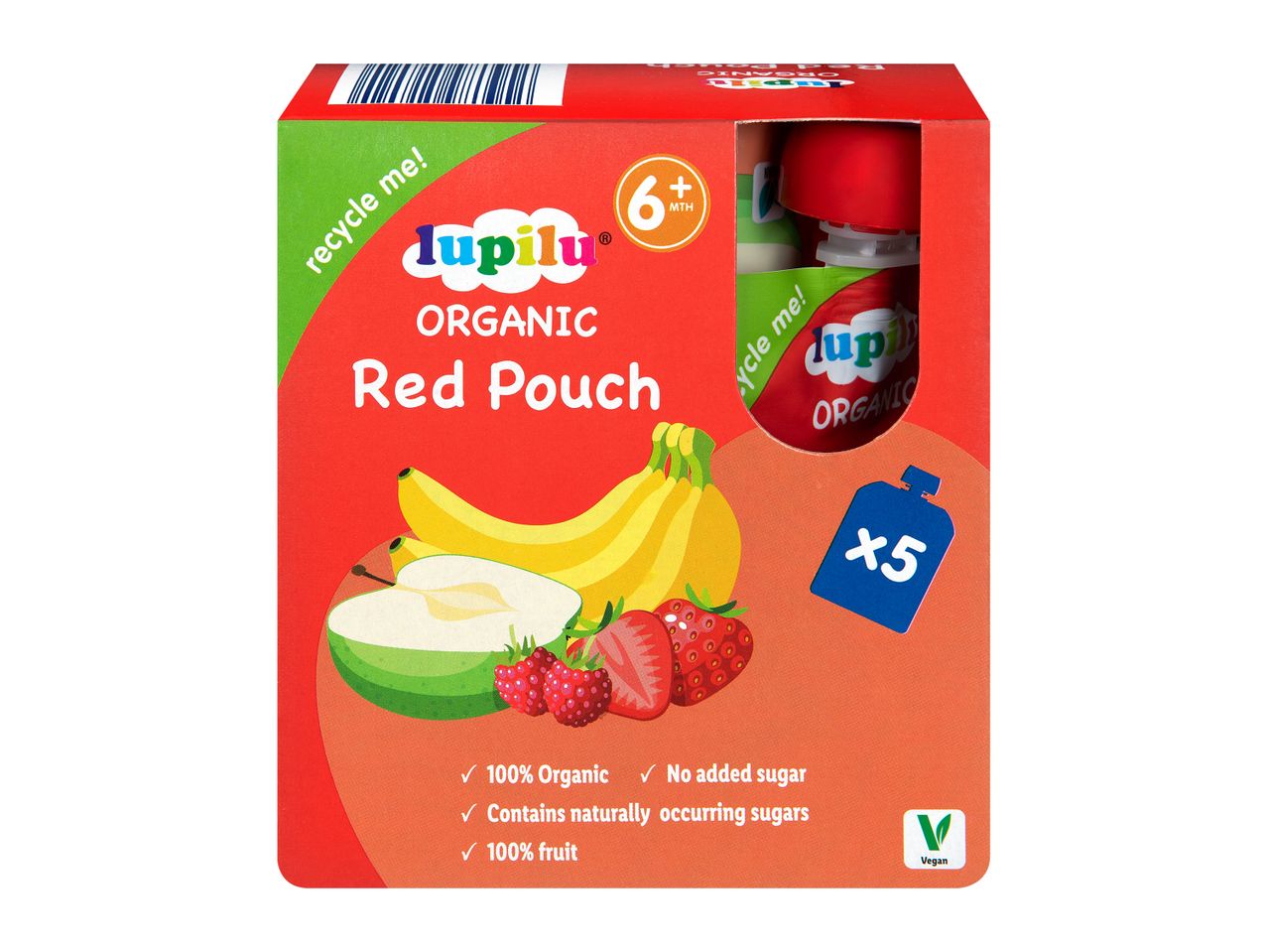 Lupilu Organic Red Pouch baby food, 6 pouches of fruit puree.