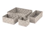 Set of four gray woven storage baskets in varying sizes.