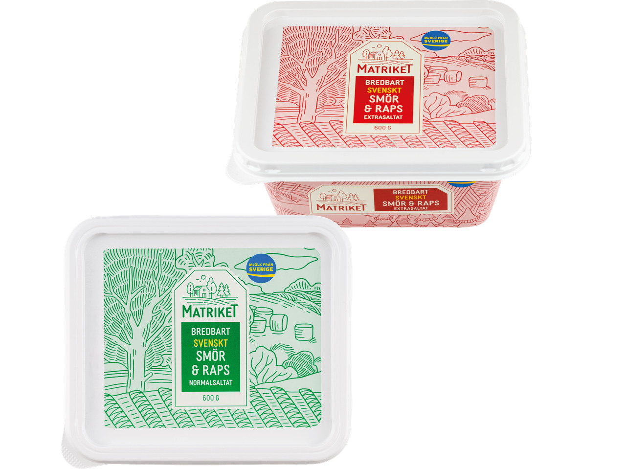 Två förpackningar bredbart svenskt smör och raps, en normalsaltad och en extrasaltad.