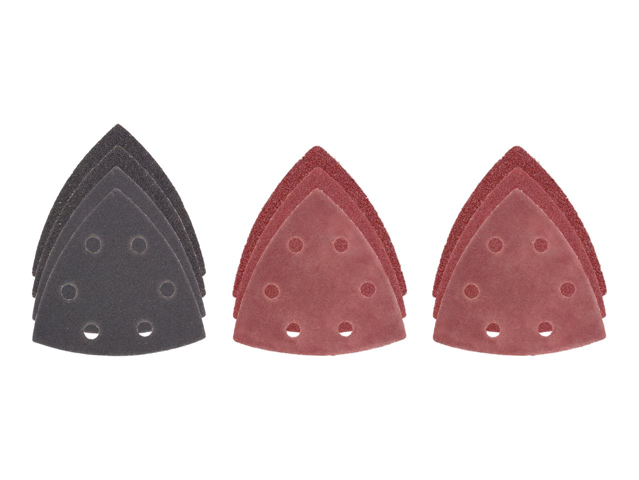 Three stacks of triangular sanding sheets in black and red colors.