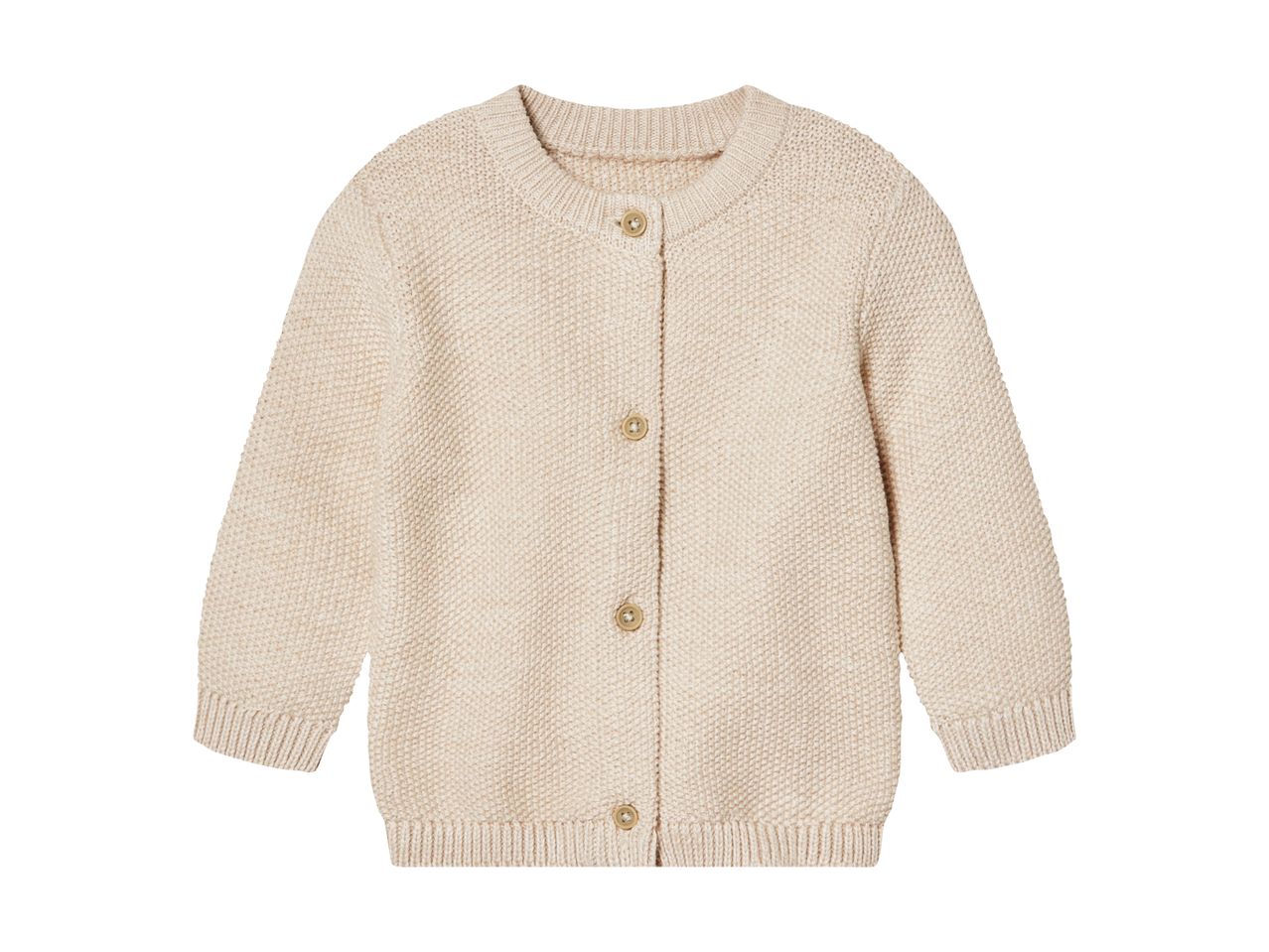 En beige strikket babycardigan med knapper.