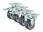 Four metal swivel casters with grey wheels, one with a brake lever, arranged diagonally.
