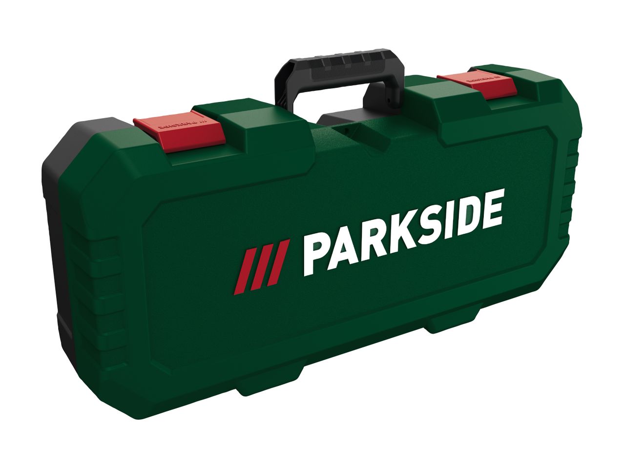 Green tool case with red latches and a black handle, featuring a white logo.