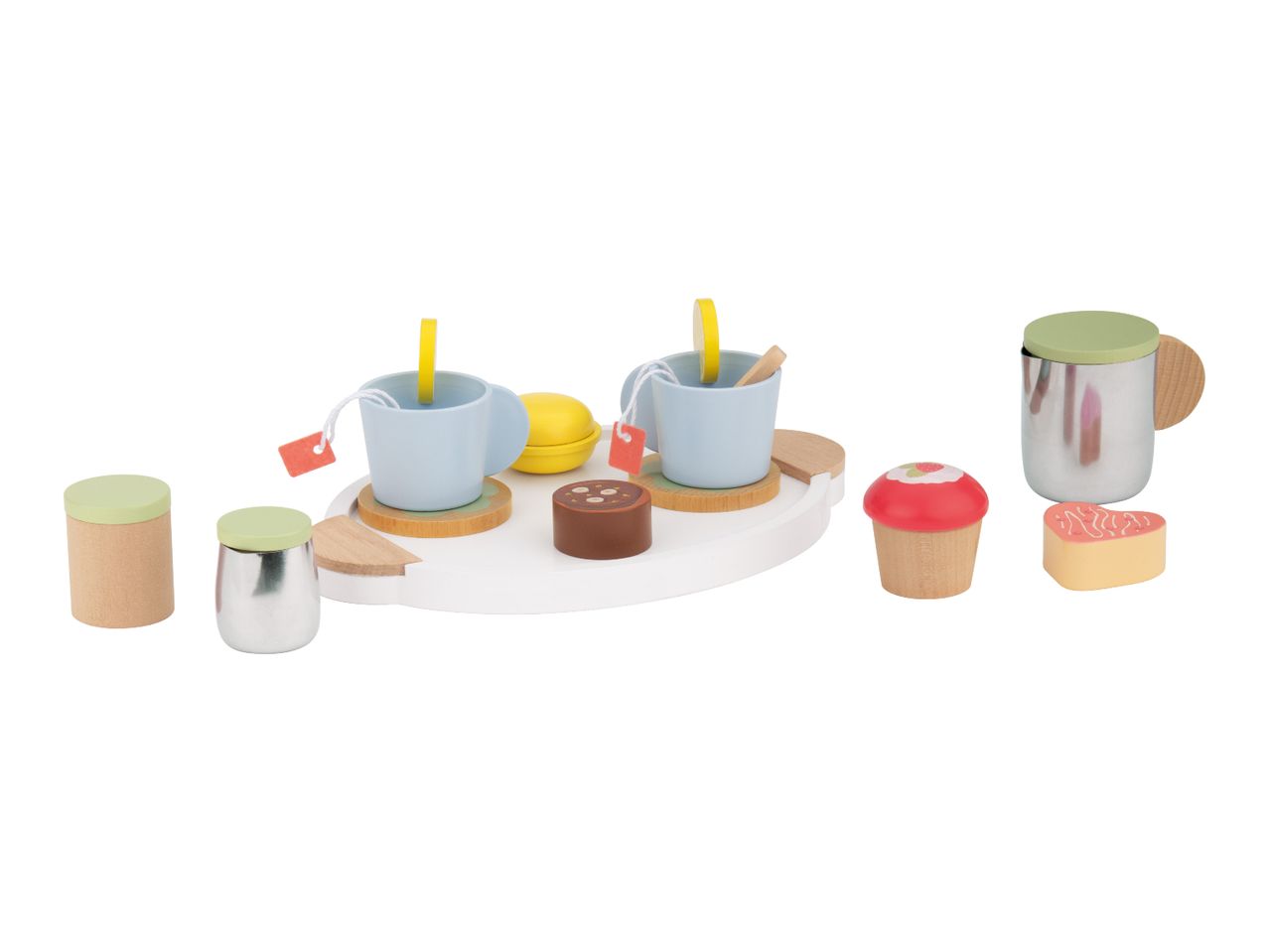 Wooden toy tea set with cups, saucers, desserts, and a serving tray.