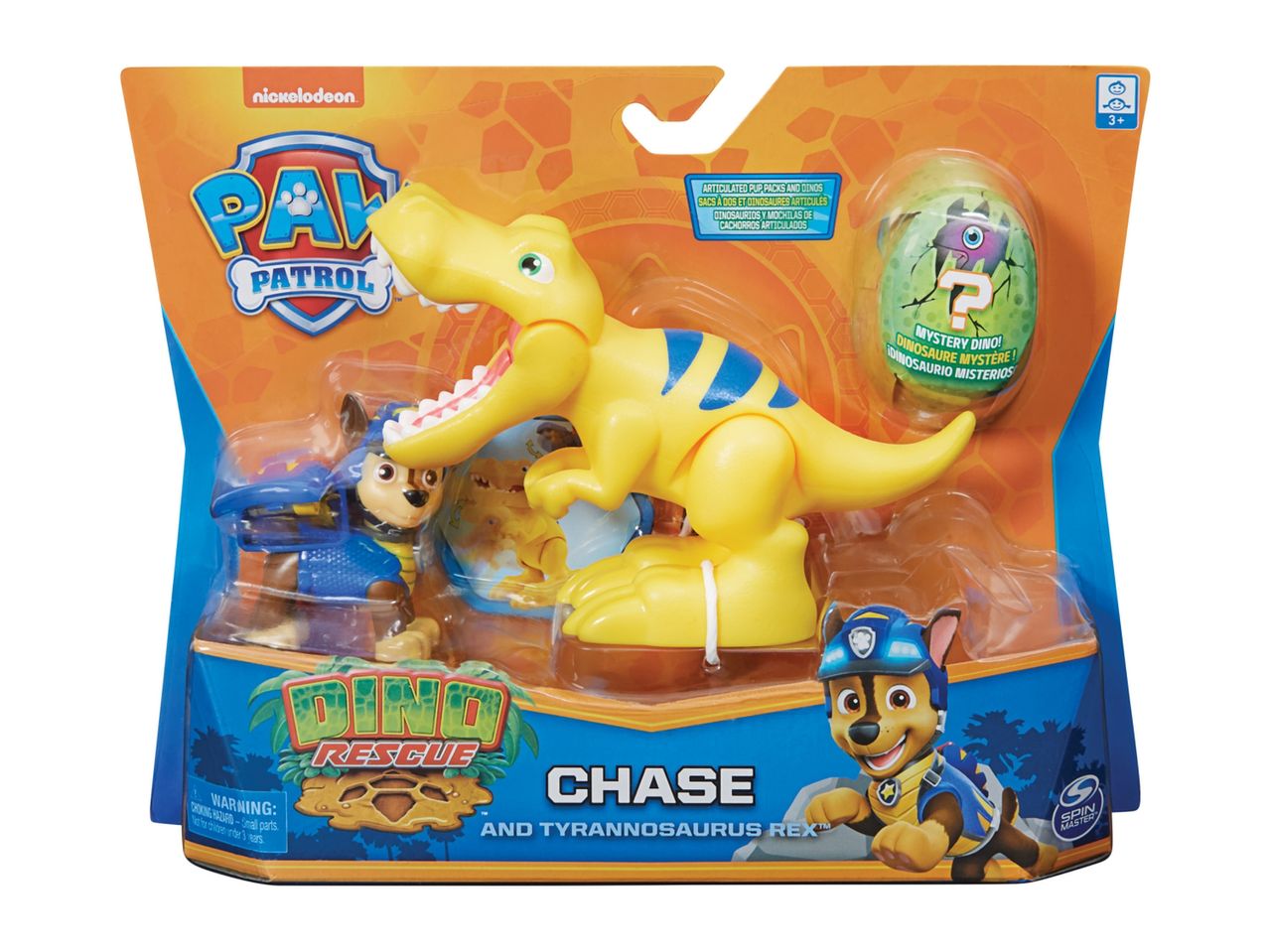 Paw Patrol Dino Rescue Chase and dinosaur toy set.