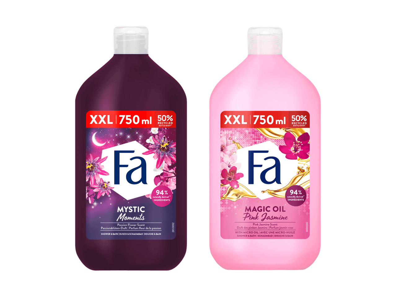 Zwei Fa Flüssigseifen-Flaschen, eine dunkelviolett (Nachtblüte), eine rosa (Pfingstrose).