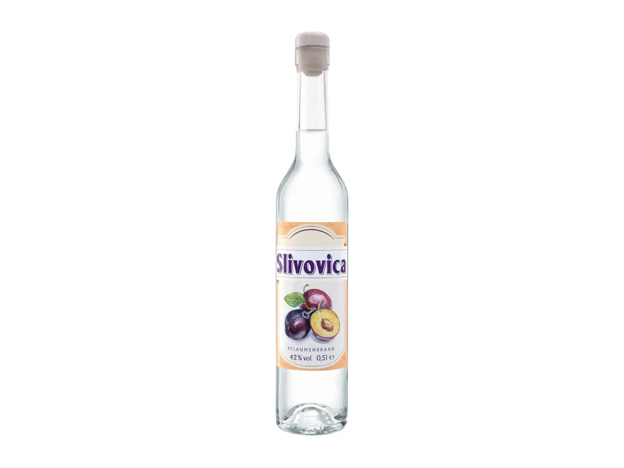 Clear glass bottle of plum brandy with a label featuring plums, 42% vol, 0.5l.