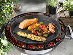 Grillmeister Cast Iron Grill Pan/Plate with salmon, vegetables, shrimp, and chicken skewer on a grill.