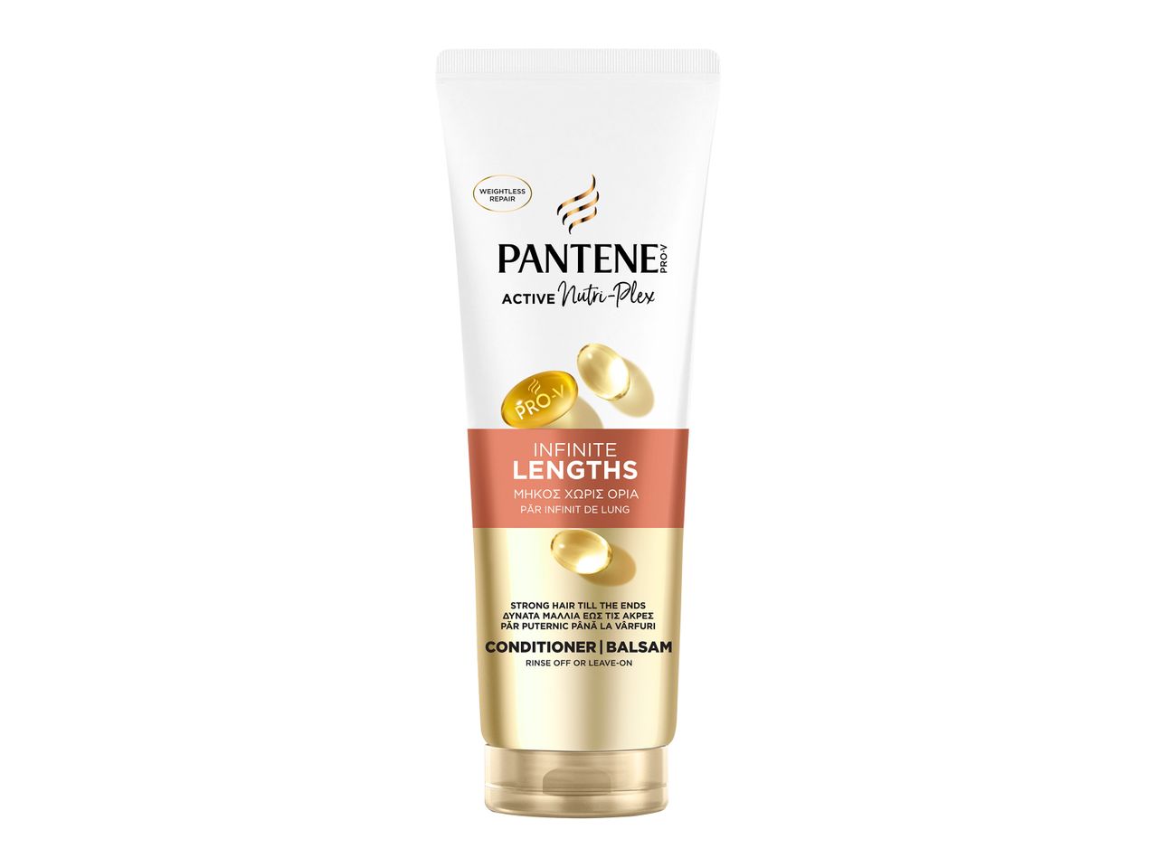 Μια λευκή φιάλη μαλακτικού Pantene Active Nutri-Plex Infinite Lengths με χρυσές λεπτομέρειες.