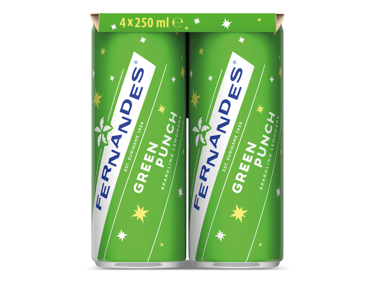 Vier blikjes groene sprankelende limonade met de tekst 'Green Punch' en '4x250 ml e'.