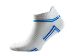 White athletic socks with blue stripes.