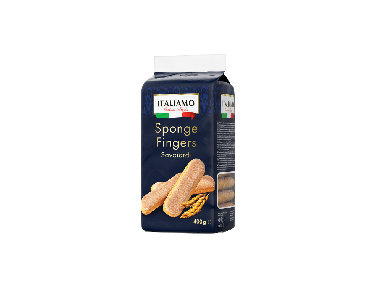 Italiamo Savoiardi Sponge Fingers, 400g, in a dark blue package with Italian flag colors.