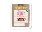 Emballage med skinkestrimler til pizza, mærket 'Familievenlig Skinke Strimler Perfekt til Pizza'.