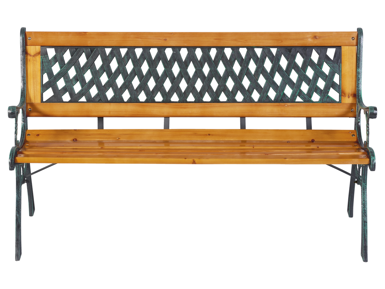 Livarno Garden Bench with wooden slats and a metal backrest featuring a lattice pattern.