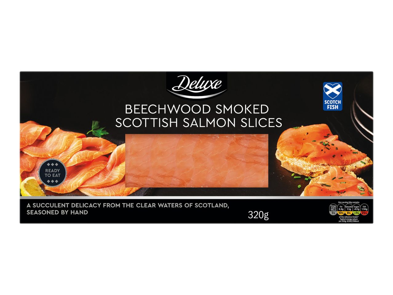 Packaging for beechwood smoked Scottish salmon slices, 320g, ready to eat.