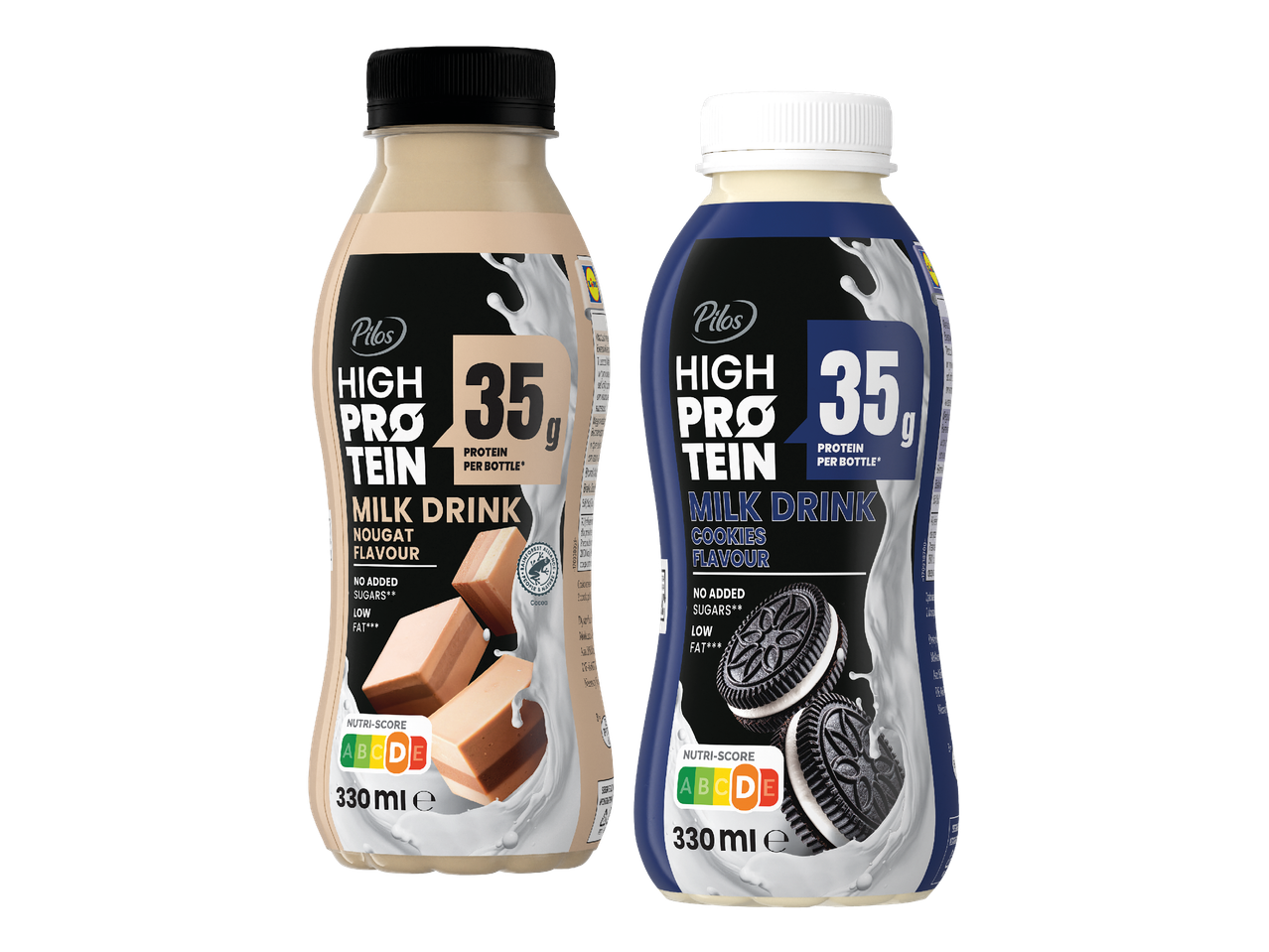 Dvije boce proteinskog mliječnog napitka, jedna s okusom nugata, druga s okusom keksa.