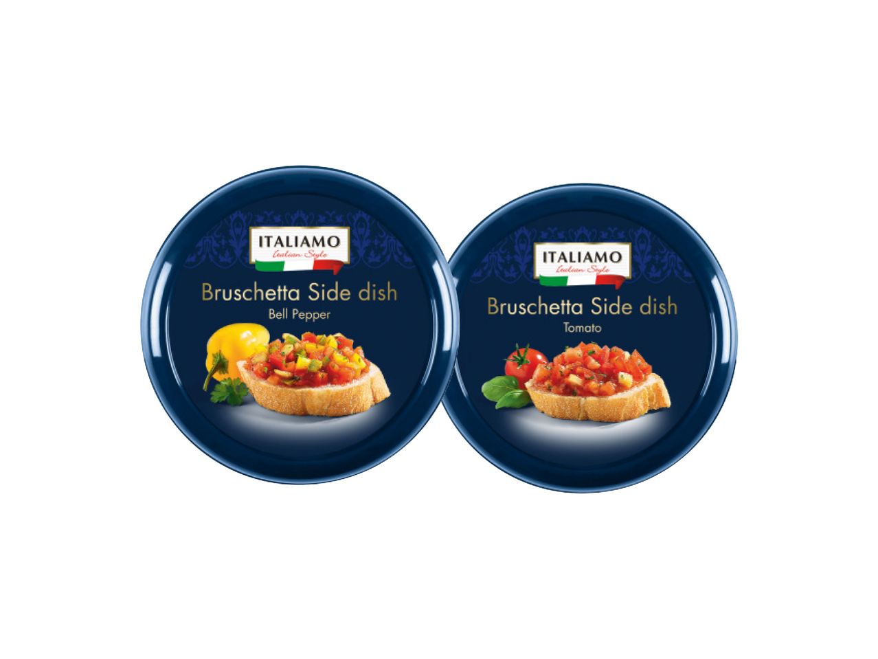 Dve posude Galbani brusketa sa paradajzom i pestom.