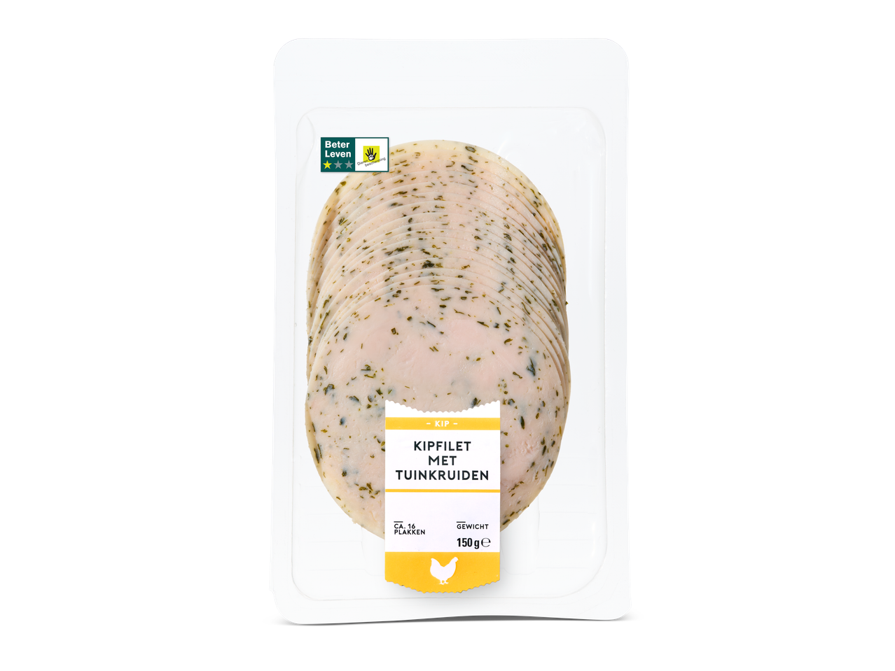 Verpakte kipfiletplakjes met tuinkruiden, 150g, met Beter Leven 2 sterren keurmerk.