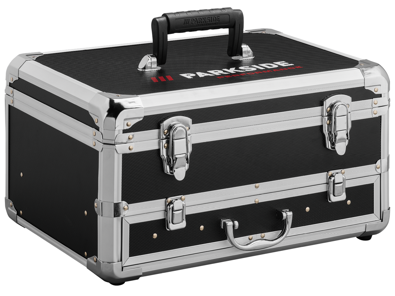 Черен куфар Parkside® Performance с метални кантове и дръжка.