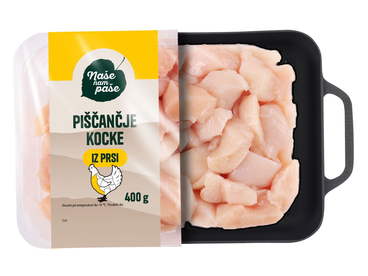 400 g pakiranje piščančjih kock iz prsi blagovne znamke Naše nam pase.