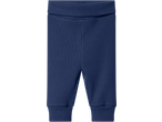 Dark blue ribbed baby leggings with a wide elastic waistband and cuffed ankles.