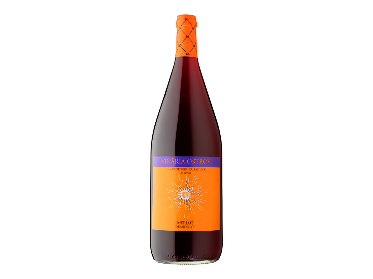O sticlă de vin roșu Merlot Demidulce de la Vinăria Ostrov.