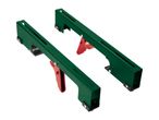 Two green and red sawhorse brackets on a white background
