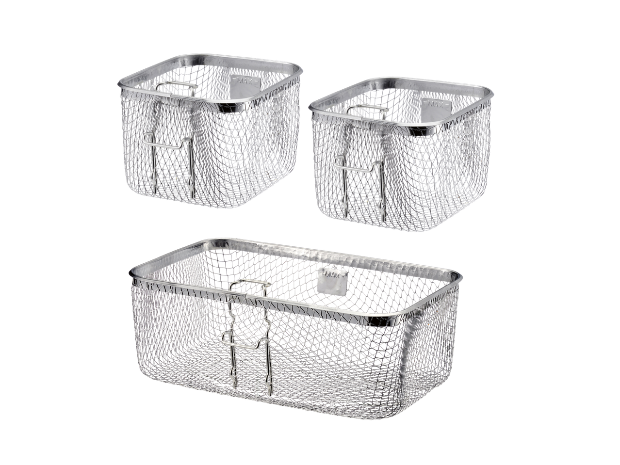 SILVERCREST® roostevabast terasest fritüürkorvid, kaks väikest ja üks suur.