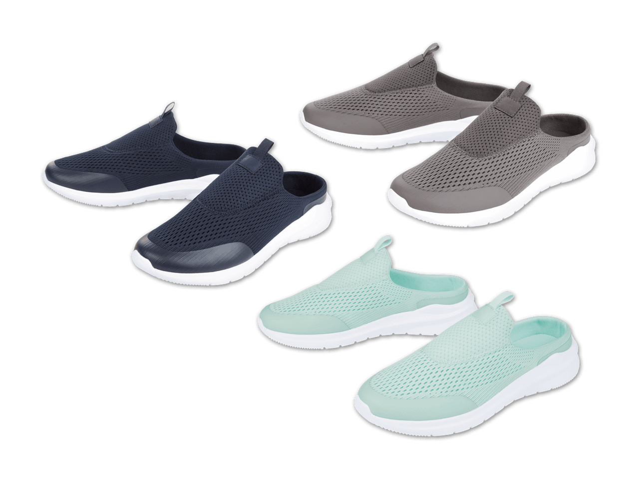 Drei Paar bequeme Slip-on-Sneaker in Grau, Dunkelblau und Mintgrün.