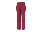 Red outdoor trousers with black accents and a small white logo on the right thigh.