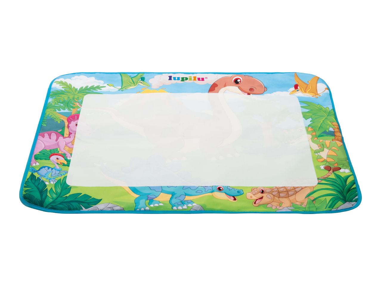 Dinosaur-themed water drawing mat with various cartoon dinosaurs and a blank drawing area.