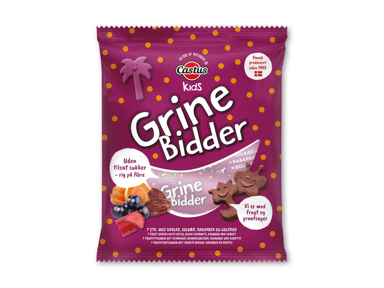 Lilla pose med frugtfigurer, daddel, solbær, rabarber og gulerod, uden tilsat sukker.
