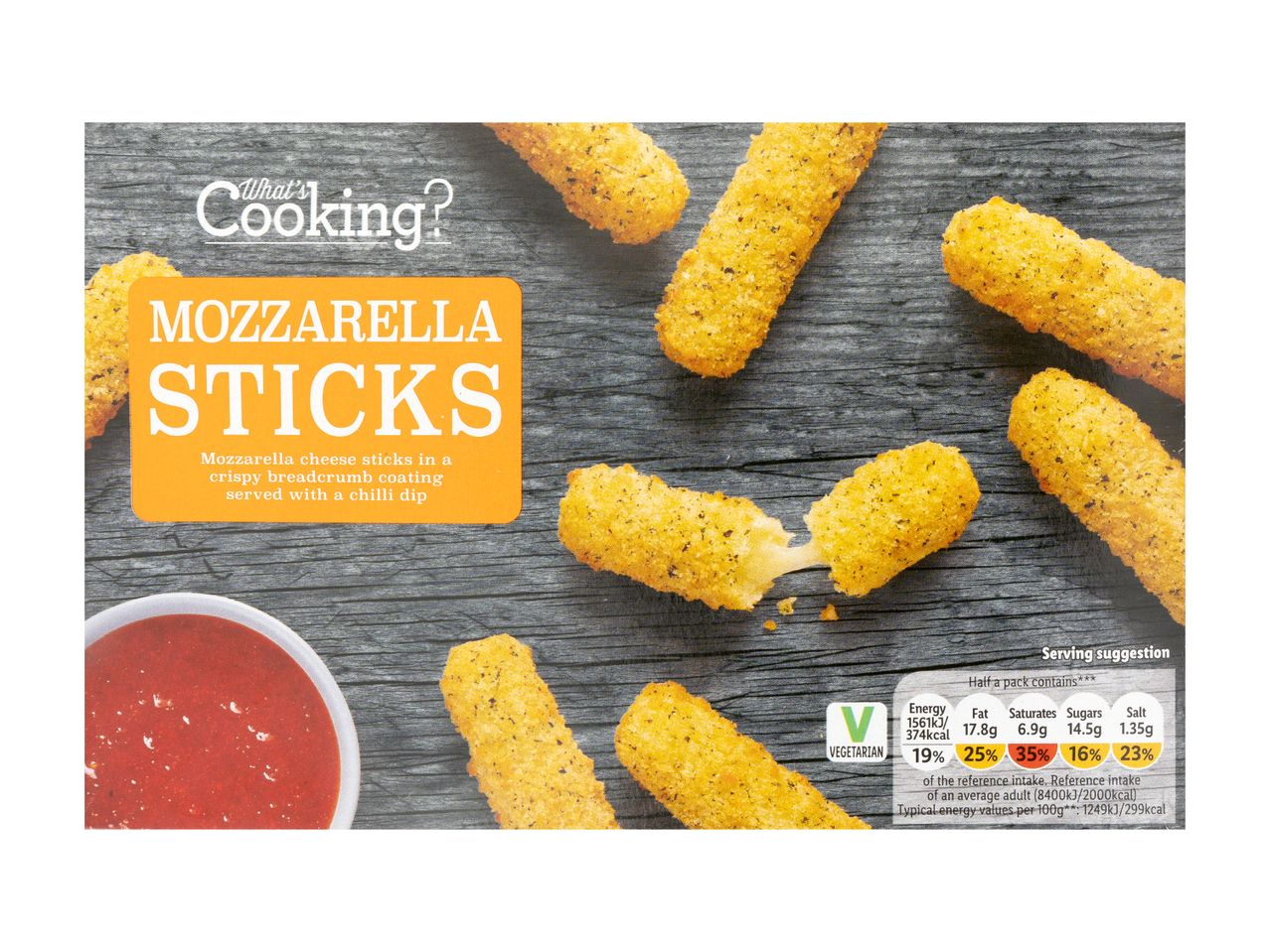 Mozzarella sticks with a chilli dip, featuring nutritional information and a vegetarian label.