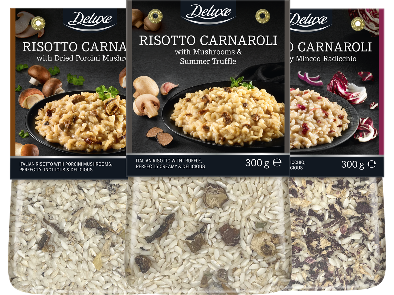 Tre paket risotto med olika smaker: torkad Karl Johansvamp, svamp och sommartryffel, samt hackad radicchio.