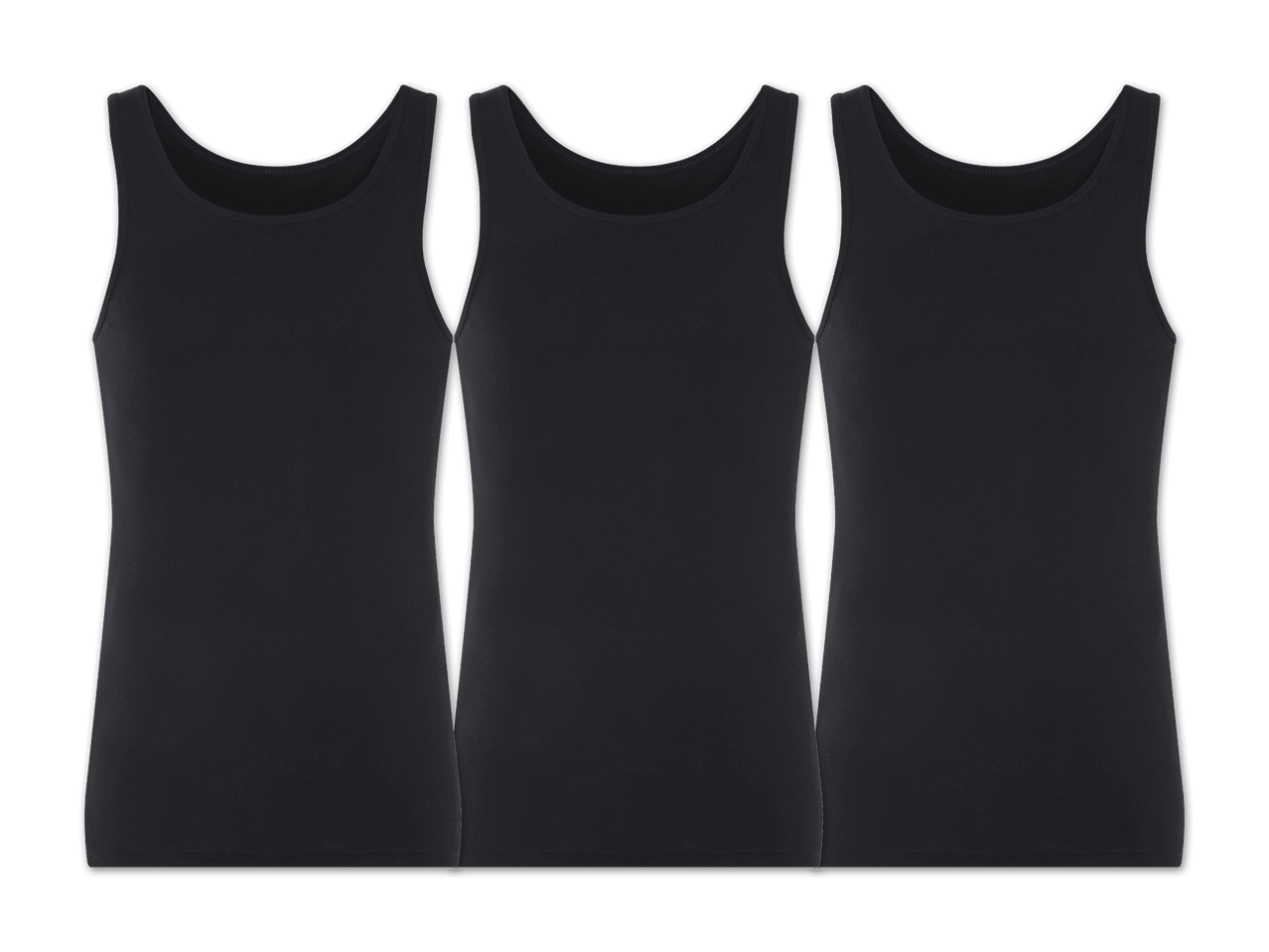 Drei schwarze Tanktops liegen nebeneinander.