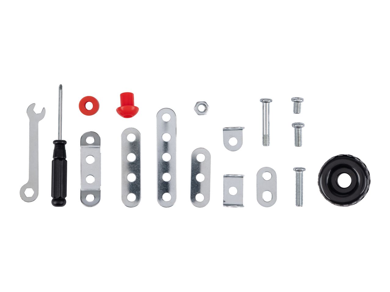 Assorted construction toy parts including screws, plates, and tools.