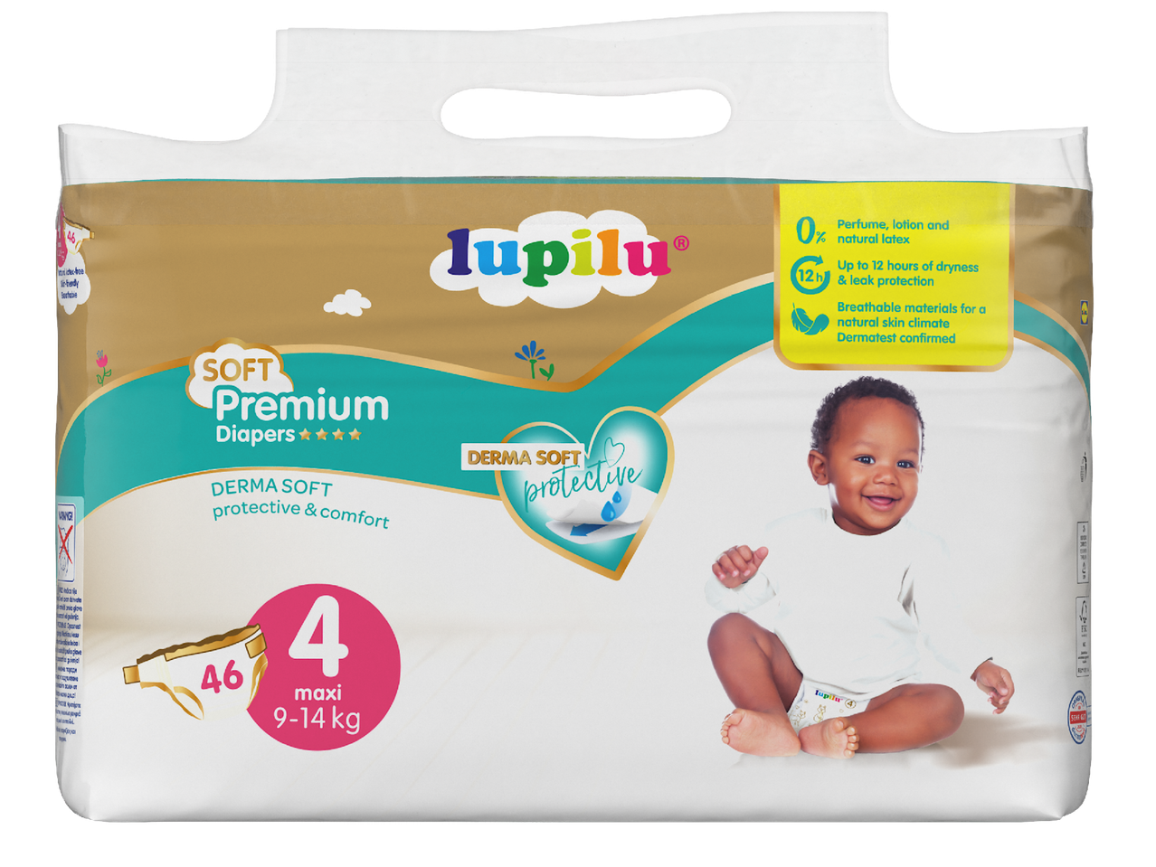 Опаковка пелени за бебета с надпис „Soft Premium Diapers“, размер 4 (9-14 кг), 46 броя, с бебе на преден план.