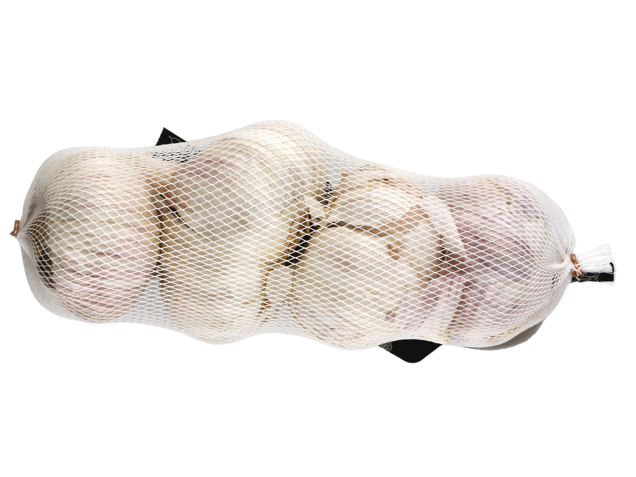 Garlic bulbs in a mesh bag.