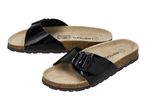 Pair of black patent leather slide sandals with cork footbeds