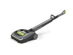 A grey and green cordless upright vacuum cleaner on a white background.