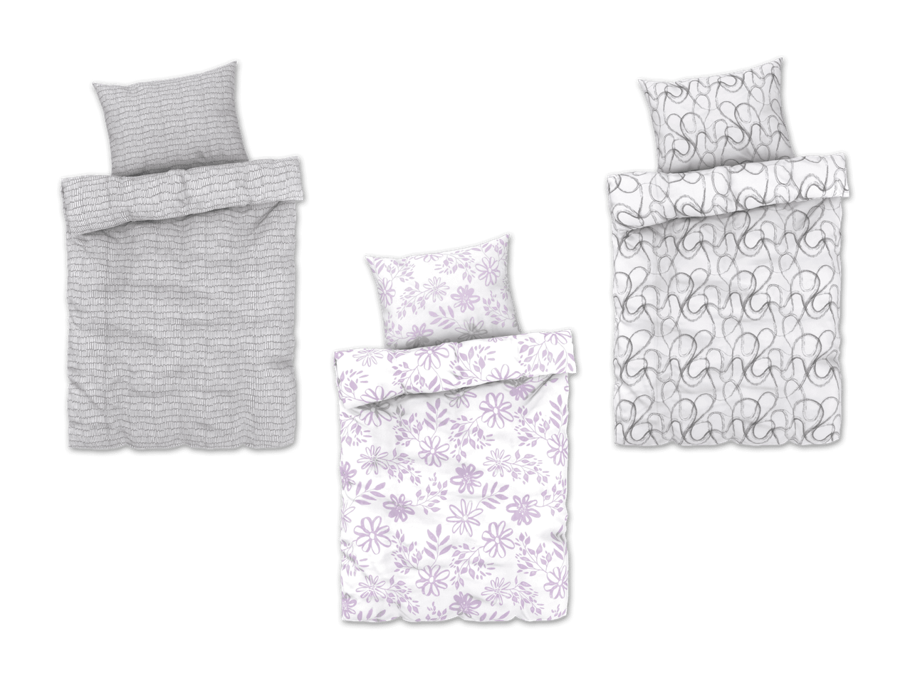 Drei verschiedene Bettwäsche-Sets: eines mit Wellenmuster, eines mit Blumenmuster und eines mit geschwungenen Linien.