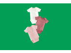Three baby bodysuits in white, pink, and dark pink on a green background.