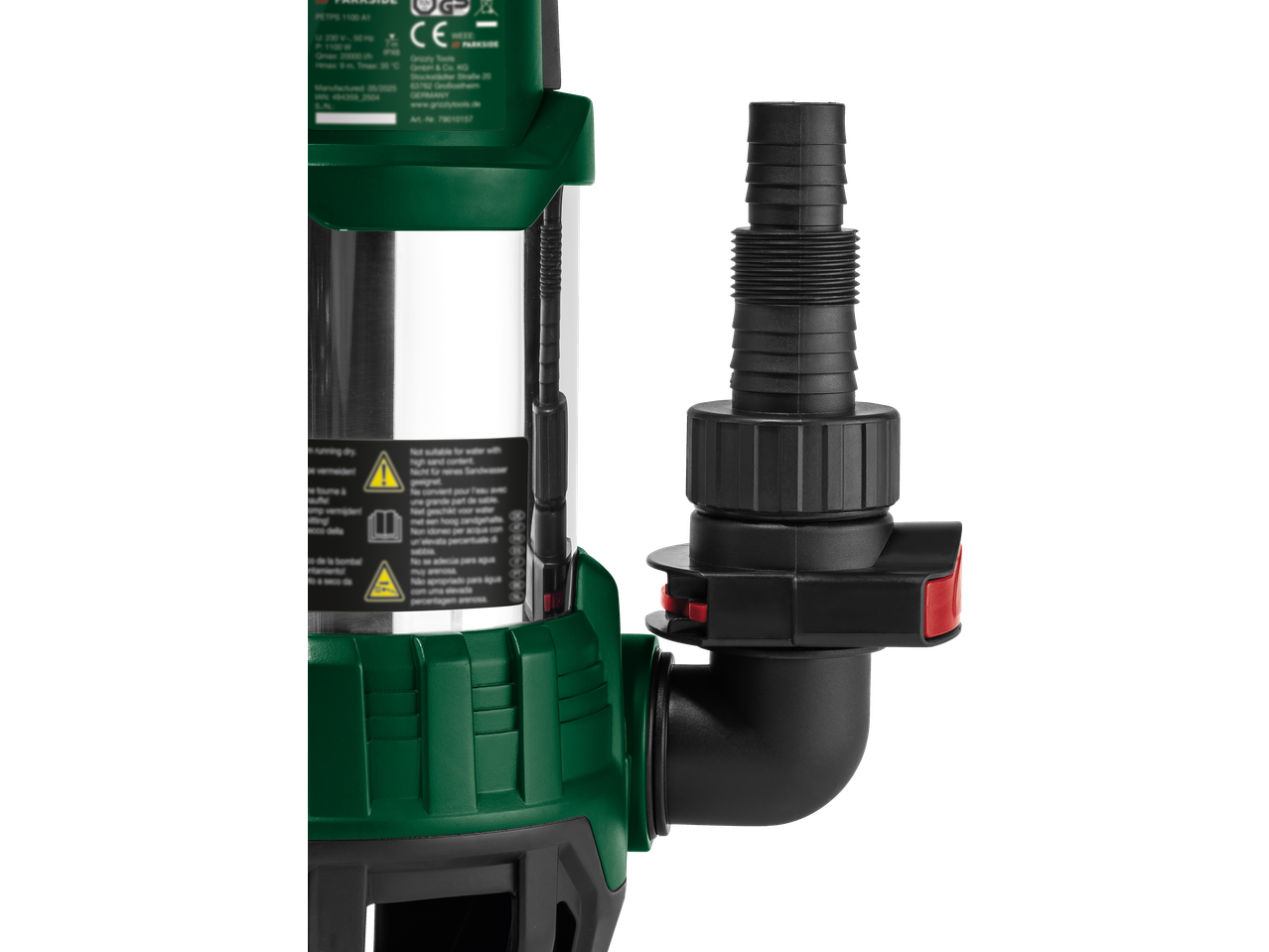 PARKSIDE iegremdējamais sūknis tīram/netīram ūdenim ar zaļu korpusu un melnu izvadu.