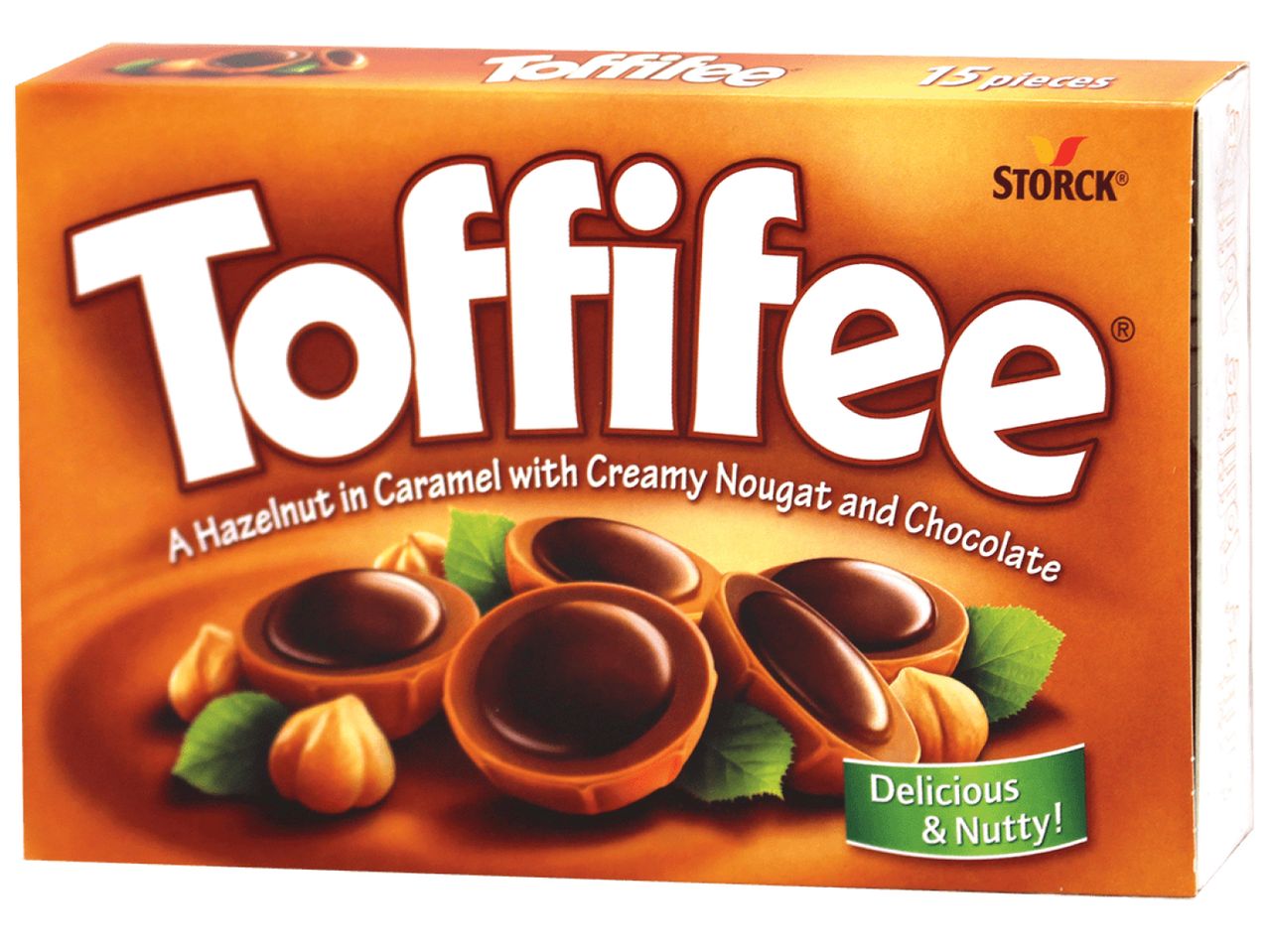 Кутия бонбони Toffifee със 15 броя, лешници в карамел с нуга и шоколад.
