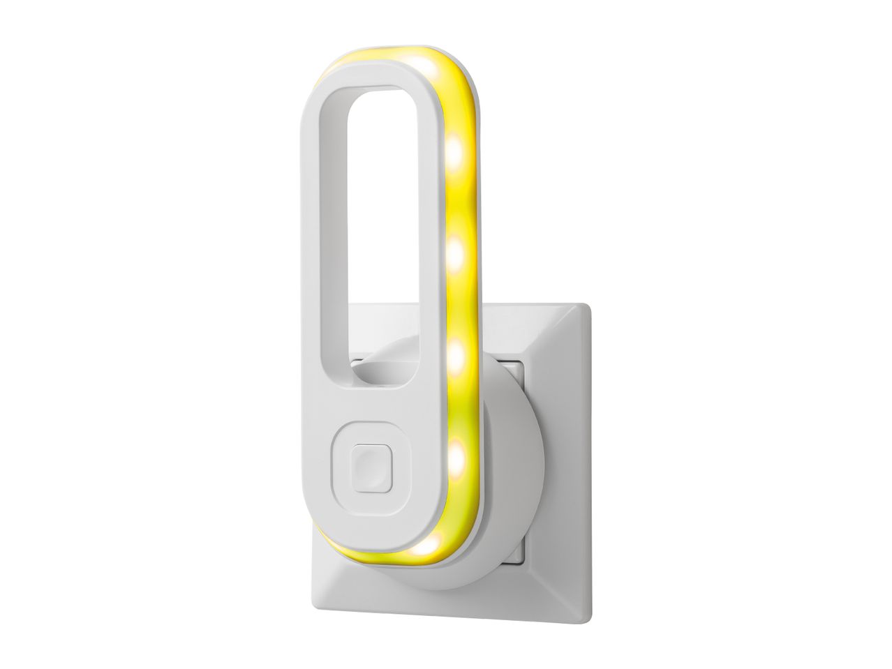 LED night light plugged into a wall socket, emitting a warm yellow glow