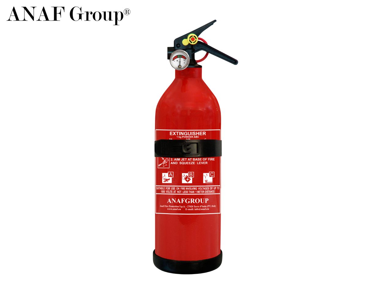 Red fire extinguisher with a pressure gauge and instructions for use.